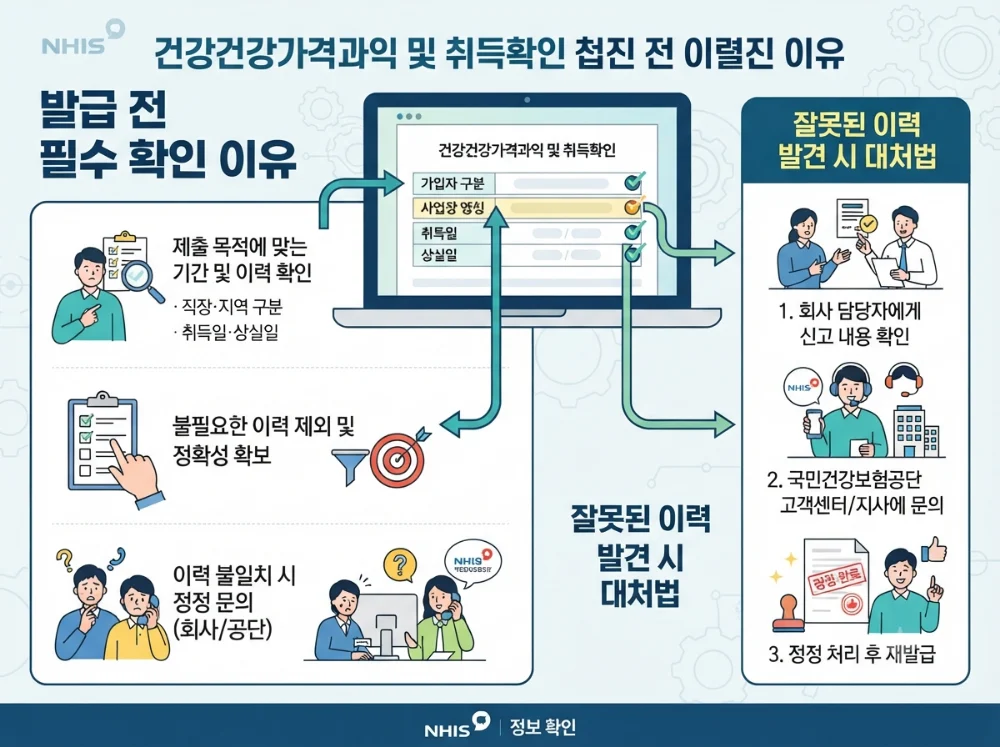 건강보험 직장·지역가입의 취득일과 상실일을 확인하는 순서 인포그래픽