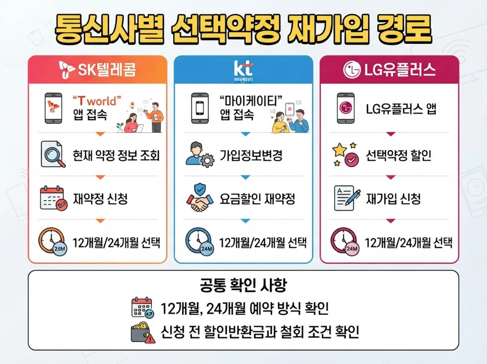 통신사 앱에서 선택약정 재가입을 진행하는 순서 인포그래픽