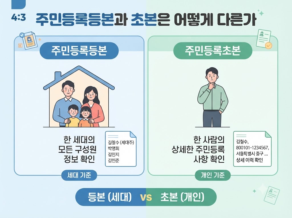 주민등록등본과 초본을 세대 기준과 개인 기준으로 비교한 한글 인포그래픽