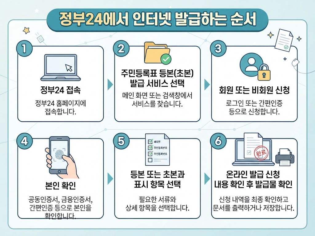 정부24 주민등록등본 인터넷 발급 6단계를 설명하는 한글 인포그래픽