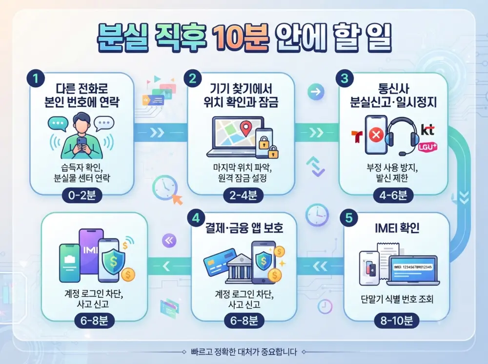 휴대폰 분실 직후 연락·위치 확인·일시정지 순서 인포그래픽