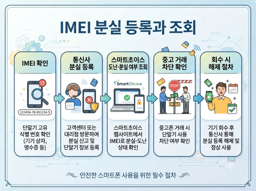 IMEI 확인과 통신사 분실 등록 및 도난 조회 절차 인포그래픽