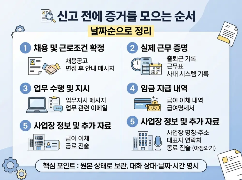 근로계약서 미작성·미교부 신고 전 증거 수집 순서 인포그래픽